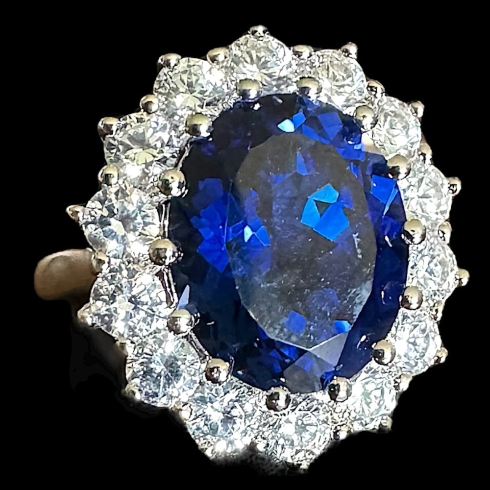 Vintage Genuine Lab Sapphire CZ Halo 925 Silver Ring Size 7 Princess Diana Style